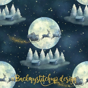May include: A seamless pattern featuring a winter night sky with a full moon, stars, and a silhouette of Santa Claus in a sleigh pulled by reindeer. The scene is repeated with a cluster of snow-covered trees and small houses in the foreground.