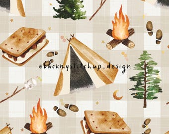 S'mores Seamless Pattern | Marshmallow and camping surface design | Boys Smores digital paper | Summer plaid Non Exclusive digital file