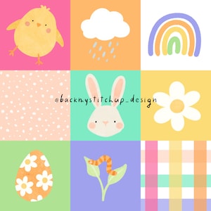 Pode incluir: Uma colagem digital de nove quadrados coloridos com ilustrações com tema de Páscoa. Os quadrados incluem um pintinho amarelo, uma nuvem branca com gotas de chuva, um arco-íris, um coelho branco, uma margarida branca, um padrão de bolinhas, um ovo verde com flores brancas, uma planta verde com um verme e um padrão xadrez rosa e verde. O texto "@backmystitchup_design" está no centro da colagem.