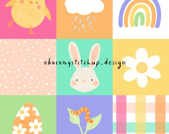Lente Patchwork naadloos patroon, Pasen Patchwork digitaal bestand, lentebloemen digitaal papier, Kids Easter Bunny Rabbit Chick stofontwerp
