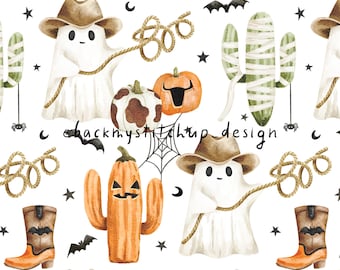 Western Halloween Seamless Pattern on white, Fun Boys Halloween surface design, Cowboy cowhide pumpkins and Spooky Cactus digital paper