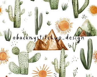 Boho Cactus and Mountains Seamless Pattern | Watercolour Cacti and Suns Digital Design | Western Desert Scene Surface pattern on White