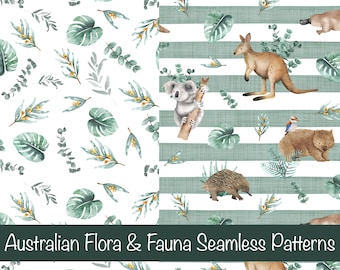 Australian Animals Seamless Pattern, Aussie animals fabric design, Koala digital paper, Kangaroo wombat echidna duck billed platypus design