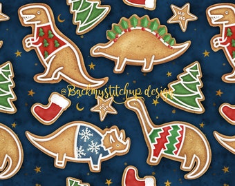 Christmas Dinosaurs Seamless Pattern Tile, Gingerbread seamless file, Boys dinosaur Surface Pattern, Christmas Cookies Digital Download