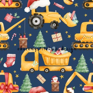 Christmas Construction Vehicles Seamless Pattern | Christmas Digger Tractor surface design | Boys Christmas Digital Paper Repeat tile