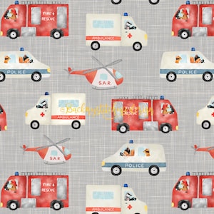 Notfallfahrzeuge Stoffdesign, Feuerwehrauto, Krankenwagen Polizei nahtlose Oberflächenmuster, digitaler Download, kommerzielle Lizenz, nicht exklusiv