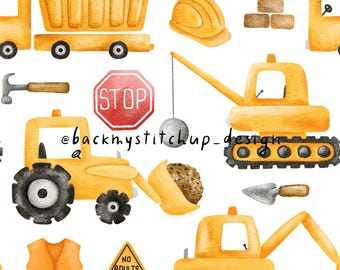 Construction Vehicles Seamless Pattern | Boys Digger Tractor surface design on white background | Little Builder Digital Paper Repeat tile