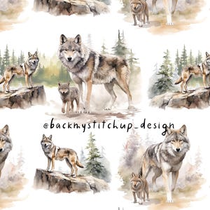 Peut inclure: Un motif sans couture représentant des illustrations à l'aquarelle de loups dans un décor forestier. Les loups sont représentés dans différentes poses, certains debout, certains assis et certains courant. L'arrière-plan est un blanc doux avec des touches de brun et de vert.