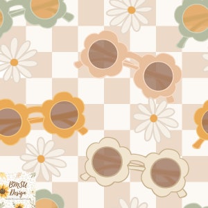 Puede incluir: Un patrón sin costuras con un fondo a cuadros de color blanco y beige. El patrón está decorado con varias gafas de sol de colores pastel con monturas con forma de flor y margaritas blancas.