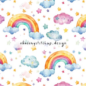 May include: A seamless pattern featuring a rainbow, clouds, and stars. The rainbow is multi-colored with a yellow, orange, red, pink, blue, green, and purple arc. The clouds are white with blue, pink, and gray accents. The stars are yellow, pink, and blue. The background is white. @backmystitchup_design