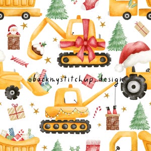 Christmas Construction Vehicles Seamless Pattern | Christmas Digger Tractor surface design | Boys Christmas Digital Paper Repeat tile