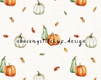 Mini Pumpkins and Fall leaves Seamless Pattern, Autumn leaves on cream background surface design, Watercolor pumpkin digital paper file