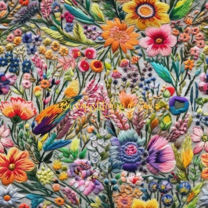 May include: A detailed, colorful floral embroidery featuring a variety of flowers and foliage in shades of orange, pink, purple, blue, and green. The design includes a mix of textures and stitch styles, creating a rich, textured surface. The text "Backystitchup design" is visible.