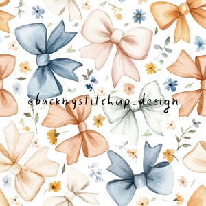 May include: A seamless pattern featuring watercolor bows in shades of blue, peach, and cream. The bows are arranged in a random pattern on a white background. The pattern is accented with small watercolor flowers in shades of yellow and blue. The text "@backmystitchup-design" is included in the pattern.