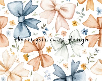 Modello senza cuciture con fiocchi Coquette ad acquerello / File digitale con fiocchi floreali a fiorellini / Design in tessuto con fiocchi e margherite primaverili ed estivi per ragazze