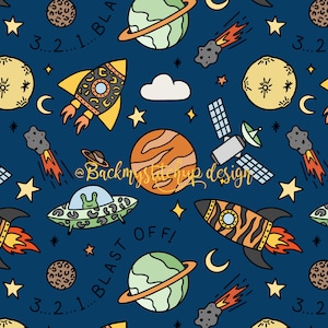 May include: A seamless pattern featuring a variety of space-themed illustrations on a dark blue background. The pattern includes rockets, planets, stars, a spaceship, a UFO, and comets. The text "3...2...1...BLAST OFF!" is included in the pattern.