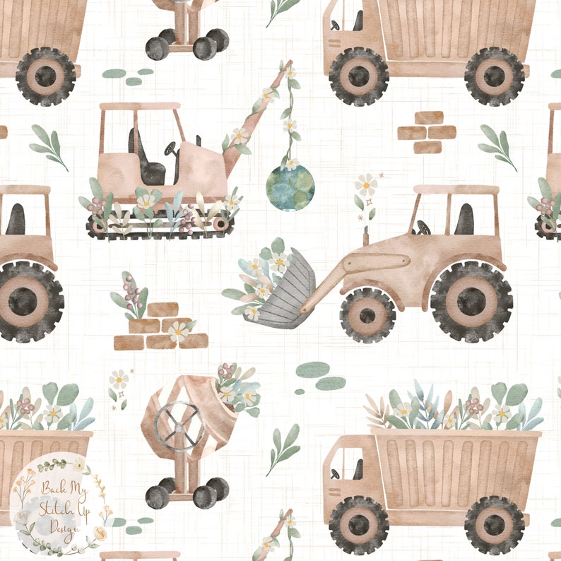 May include: Watercolor pattern featuring construction vehicles like dump trucks, tractors, and cement mixers, adorned with floral accents. The design includes a light beige background with a subtle grid pattern, creating a whimsical and nature-inspired theme.