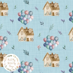 May include: A repeating pattern featuring watercolour illustrations of houses with brown roofs and beige walls, each attached to a cluster of colourful balloons. The background is a light blue fabric texture with scattered leaves and berries.