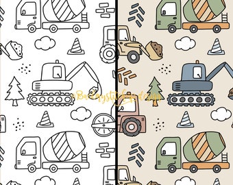 Colour Your Own Construction Seamless Pattern, Construction Transparent PNG seamless file, Colouring in digital download, pattern template.