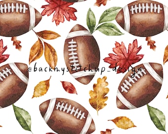 American Football and Fall leaves Seamless Pattern, Autumn Sport surface design, Watercolor leaves and Rugby digital paper
