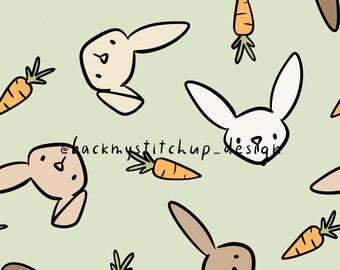 Easter Bunnies and Carrots Seamless Pattern, Spring Bunny digital surface design, Cute Rabbit and Carrot digital paper for kids on green