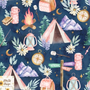 Pink Camping Seamless Pattern, Girly Camping Seamless File, Lake Life Camping Queen digital paper, Floral Tent camper van Fabric design