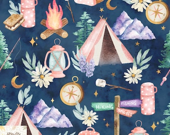 Pink Camping Seamless Pattern, Girly Camping Seamless File, Lake Life Camping Queen digital paper, Floral Tent camper van Fabric design