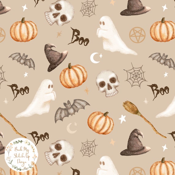 Halloween Seamless Pattern, Halloween Ghost Skull Pumpkin Fabric