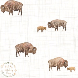 May include: A seamless pattern featuring watercolor illustrations of brown bison on a white background with a subtle linen texture. The pattern includes a variety of sizes of bison, with some facing forward and others facing to the side. The pattern is perfect for use in a variety of crafting projects, such as fabric, wallpaper, and scrapbooking.