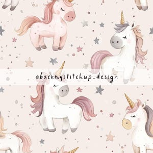 Watercolour Unicorns Seamless Pattern, Cute Unicorn and Stars Digital File, Little Pony fabric design for girls | commercial license