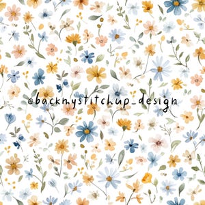 Motivo floreale senza soluzione di continuità con acquerello Ditsy / File digitale con fiori delicati in stile Liberty / Design in tessuto con margherite primaverili ed estive blu e giallo