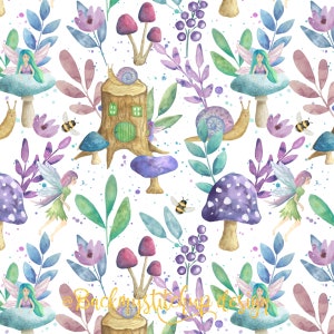 May include: A watercolor illustration featuring a whimsical fairy garden with fairies, mushrooms, snails, and flowers. The background is white with light blue and purple watercolor splatters.