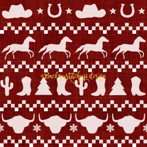 May include: A red and white Christmas pattern featuring a cowboy theme. The pattern includes horses, boots, cacti, snowflakes, and a horseshoe. The text "Backmystitchup design" is in the centre of the pattern.