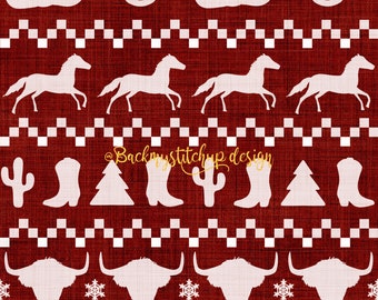 Western Christmas seamless pattern, Western Fair isle repeat tile, Christmas Farm crafting paper, horse, highland cow digital download file
