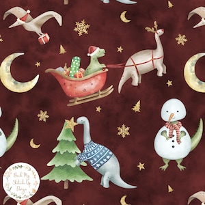 May include: A seamless pattern featuring a red background with various Christmas-themed illustrations.  The illustrations include a dinosaur wearing a sweater, a snowman, a dinosaur pulling a sleigh with presents, and a dinosaur flying with a gift.  The pattern also includes gold stars, snowflakes, and crescent moons.