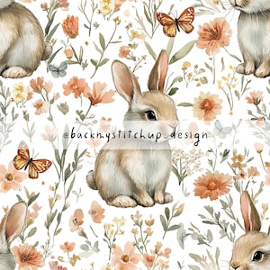 Pode incluir: Um padrão sem costura com ilustrações de aquarela de coelhos e flores. Os coelhos são marrons e brancos, e as flores são em tons de rosa, laranja e amarelo. O fundo é branco.