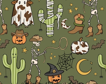 Western Halloween seamless pattern, Cowboy Skeleton digital crafting paper, Cowhide Pumpkin seamless file, Western Pumpkin and Cactus design