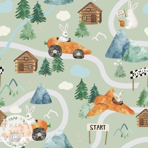May include: A whimsical green and white illustrated fabric featuring a bunny driving a carrot-shaped car on a winding road. The road has a start and finish line, a pit stop, and mountains. The fabric is perfect for crafting projects like quilts, bags, and clothing.