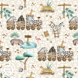May include: A seamless pattern featuring a whimsical safari train with animal passengers, including a rhino, gorilla, giraffe, and zebra. The train is decorated with a leopard print and the words "Safari Tours". The background is a beige canvas with white leopard spots.