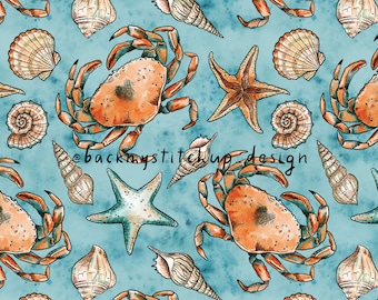Crab & Sea Shell Seamless Pattern, Watercolour sea life crustacean surface design, Coastal beach themed digital paper, Non exclusive design