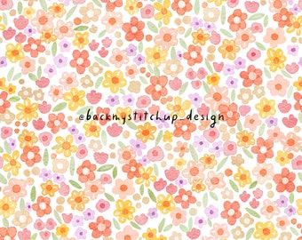 Ditsy Floral Seamless Pattern, Summer flowers Surface Pattern, Girls pink and orange daisies digital paper, Spring flower fabric design