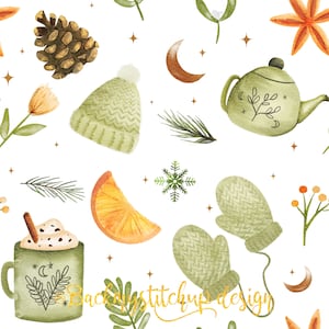 Herfst Winter Hygge stof ontwerp GROEN, Naadloos patroon Tegel, Oppervlaktepatroon, Digitale download, Commerciële licentie, Niet-exclusief