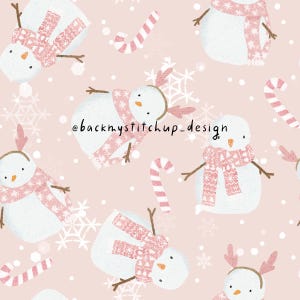 May include: A seamless pattern featuring pink and white snowmen with pink scarves and candy canes on a light pink background. The text "@backmystitchup_design." is in the center of the pattern.