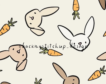 Easter Bunnies and Carrots Seamless Pattern, Spring Bunny digital surface design, Cute Rabbit and Carrot digital paper for kids on beige