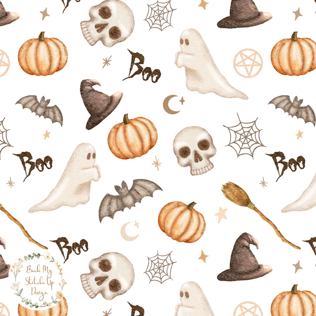 Halloween Seamless Pattern, Halloween Ghost Skull Pumpkin Fabric Design ...