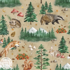 Modello senza cuciture dell'acquerello degli animali del bosco, modello senza cuciture di Badger Fox Hedgehog scoiattolo, carta digitale della fauna selvatica della foresta, funghi degli alberi