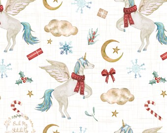 May include: A seamless pattern featuring white unicorns with blue wings and red scarves, gold crescent moons, snowflakes, gold stars, red bows, green holly, and gold clouds on a white background.