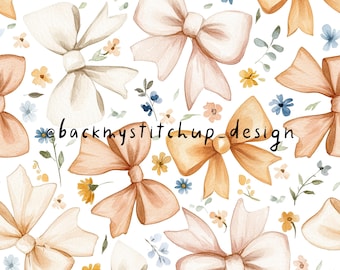 Modello senza cuciture con fiocchi Coquette ad acquerello / File digitale con fiocchi floreali a fiorellini / Design in tessuto con fiocchi e margherite primaverili ed estivi per ragazze