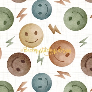 May include: A repeating pattern of watercolor smiley faces and lightning bolts in shades of brown, green, and blue on a white background. The design has a textured, hand-painted appearance, with the text "@Backmystitchup design" in gold script.