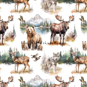 Puede incluir: Un patrón de acuarela con una variedad de animales del bosque, incluyendo alces, ciervos, osos, lobos y patos. Los animales están situados sobre un fondo de montañas, árboles y un lago. El patrón es perfecto para telas, papel tapiz u otras aplicaciones decorativas.